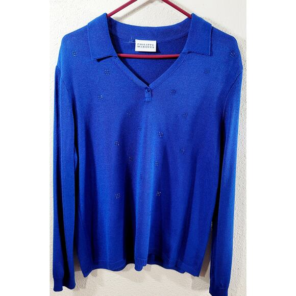 Philippe Marques Blue Knitted Sweater Rhinestones Top 14 Lightweight Collard - Picture 7 of 7